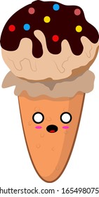 Vector Illustration Ice Cream Cones with Kawaii Emoji Great Dismay Face Expression