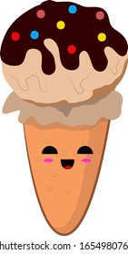 Vector Illustration Ice Cream Cones with Kawaii Emoji Embarrassed Smile Face Expression