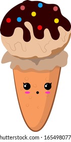 Vector Illustration Ice Cream Cones with Kawaii Emoji Cute Innocent Face Expression
