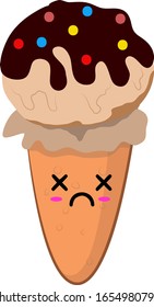 Vector Illustration Ice Cream Cones with Kawaii Emoji Being Sick Face Expression