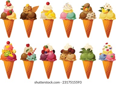 Vector illustration of ice cream cones with various flavors and colorful toppings and garnish.