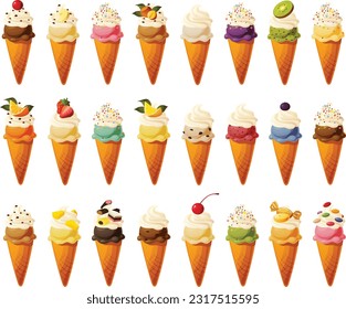 Vector illustration of ice cream cones with various flavors and colorful toppings and garnish.