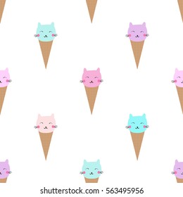 Vector illustration of  ice cream cones with cute cats. Seamless ice cream pattern. Vector background.