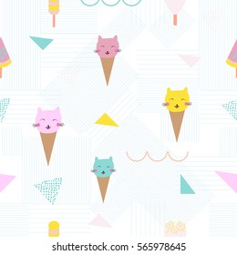 Vector illustration of  ice cream cones with cute cats. Seamless ice cream pattern. Vector background.