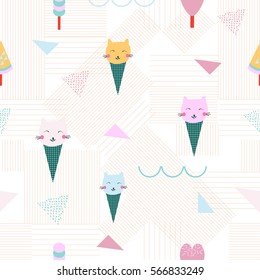 Vector illustration of  ice cream cones with cute cats. Seamless ice cream pattern. Vector background.