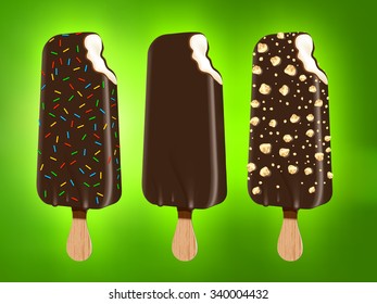 Vector illustration of Ice cream covered by nuts and caramel. Fully scale-able vector icecream with high resolution great for showcase, product presentation, advertising. Realistic vector icecream.