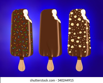 Vector illustration of Ice cream covered by nuts and caramel. Fully scale-able vector icecream with high resolution great for showcase, product presentation, advertising. Realistic vector icecream.