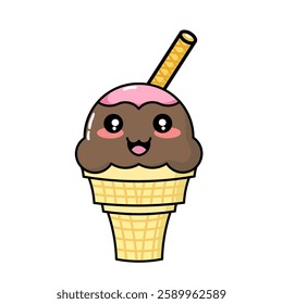 vector illustration of ice cream with cracker straws topping with chocolate flavor