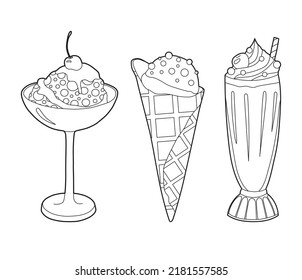 Vector illustration of ice cream in a cup, in a waffle cone. A set of elements. Black and white illustration. Coloring book.