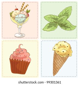 Vector illustration of ice cream and cup cake