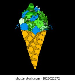 ilustración vectorial de helado con doodle lindo en verde y azul.