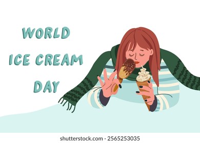 Vector illustration of ice cream. Cute female character with ice cream in a cup and on a stick enjoying eating. Horizontal banner. World Ice Cream Day. Hand drawn vector.