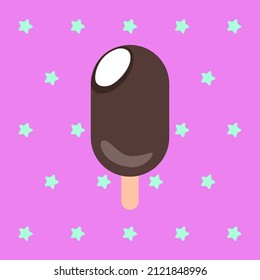 Vektorgrafik eines Eis in dunkler Schokolade auf Sternhintergrund. Dessert, Popsikel. Es eignet sich für Postkarten, Geschenke, Websites, soziale Medien, Café-Menü, Restaurant, Bar, Shop.