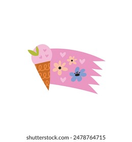 Vector illustration of an ice cream decorated with flowers and leaves. Summer dessert colourful concept. Prints, t shirt, card, bag, cup, branding design idea.
