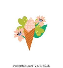 Ilustración vectorial de un helado decorado con flores y hojas. Concepto colorido del postre del verano. Impresiones, camiseta, tarjeta, bolso, taza, idea de diseño de marca.