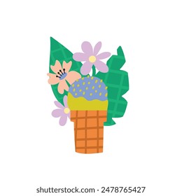 Ilustración vectorial de un helado decorado con flores y hojas. Concepto colorido del postre del verano. Impresiones, camiseta, tarjeta, bolso, taza, idea de diseño de marca.