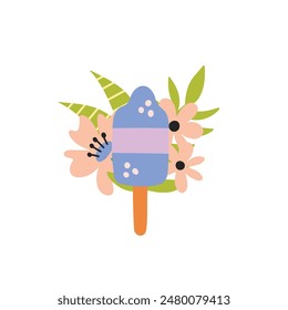 Vector illustration of an ice cream decorated with flowers and leaves. Summer dessert colorful concept. Prints, t shirt, card, bag, cup, branding design idea.