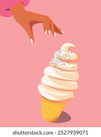 Ilustración vectorial. Helado, postre, comida, dulces. Cartel, Anuncio, postal, cubierta, embalaje. Diseño moderno. Comida.