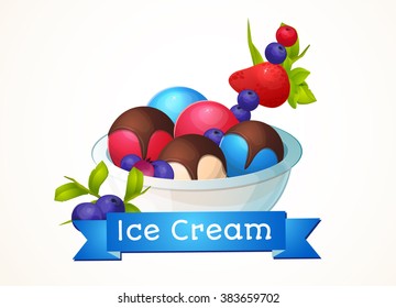 Vector Illustration of ice cream, dessert. Summer sweetness. Menu design, label.