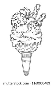 Vector illustration ice cream in doodle style. Floral, ornate, decorative, sweet fessert composition. Black and white background. Zentagle coloring book page