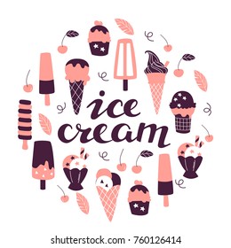 Vector Illustration of Ice Cream in Doodle Style.