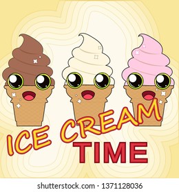 Vector illustration of ice cream. Flat stil. Set of three ise creams, chocolate, vanilla, strawberry, on yellow background, with bright letters.  Cute illustration for print. 