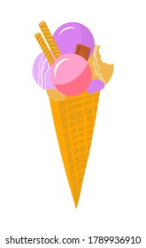 Vector illustration with ice cream in flat style on white isolated. Cold sweetness with scoops of colorful ice cream in a waffle cone. Logo, sticker, patch, cute clip-art for design in flat style