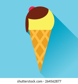 Vector illustration of ice cream flat icon in blue square background with diagonal shadow