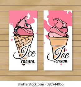 vector illustration with ice Cream. Flyer/poster/ Banner set. Sketch.