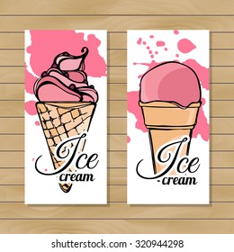 vector illustration with ice Cream. Flyer/poster/ Banner set. Sketch.