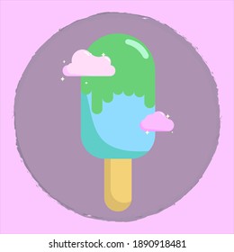Ilustración vectorial del helado en forma de planeta Tierra con nubes rosas
