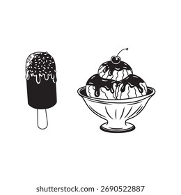 Ilustración vectorial de helados y frutas