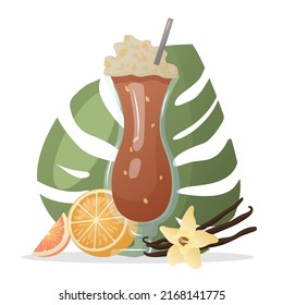 Vector illustration of ice cream in glass cup with fruit, vanilla and leaves Idea for a poster, postcard, t-shirt. Healthy food for takeout, bar or restaurant menu. Cartoon style. Summer vibe