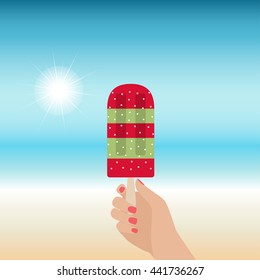 Vector illustration of ice cream in a hand. Colorful ice cream pop card or poster. Isolated on abstract summer background. Hand holds popsicle.