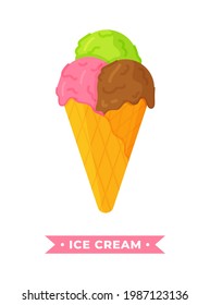Vector illustration of ice cream isolated on a white background.  Delicious chocolate, strawberry, apple ice cream. 