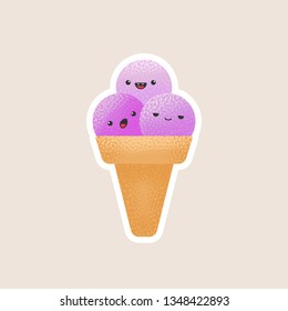 Vector illustration of ice cream with kawaii face and grainy texture