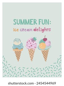 Vector illustration with ice cream and letetring, children's style. Can be used for printing on fabric, packaging, paper, cards, etc. Summer 2024 pattern.