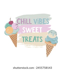 Vector illustration with ice cream and letetring, children's style. Can be used for printing on fabric, packaging, paper, cards, etc. Summer 2024 pattern.