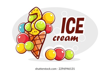 Vector illustration of ice cream and ice cream lettering in cartoon style.