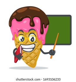 vector illustration of ice cream mascot or character teaching in front of blackboard