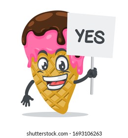 vector illustration of ice cream mascot or character holding sign says yes