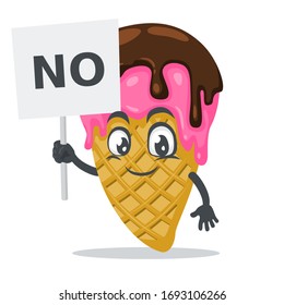 vector illustration of ice cream mascot or character holding sign says no