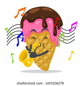 vector illustration of ice cream mascot or character playing saxophone