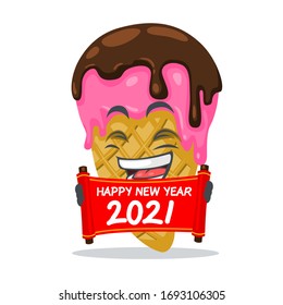 vector illustration of ice cream mascot or character holding red scroll and say happy new year