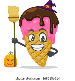 vector illustration of ice cream mascot or character wearing witch costume and holding broom