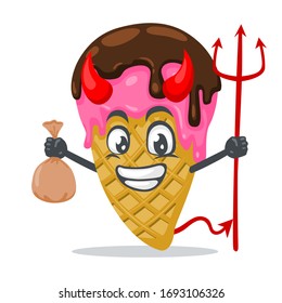 vector illustration of ice cream mascot or character wearing devil costume and holding trident