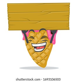 vector illustration of ice cream mascot or character holding blank wooden