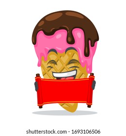 vector illustration of ice cream mascot or character holding blank red scroll