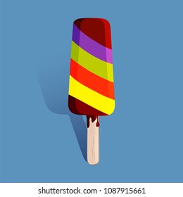 Vector illustration of an ice cream on a stick, isolated on a blue background. For your design, advertising, printing, web, etc.