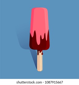 Vector illustration of an ice cream on a stick, isolated on a blue background. For your design, advertising, printing, web, etc.